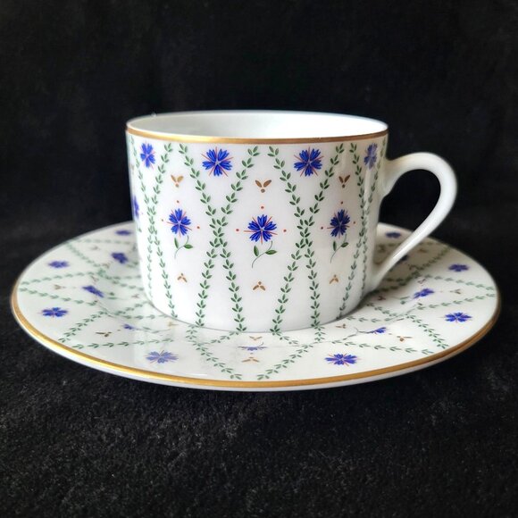 Philippe Deshoulieres Barbizon Flat Cup & Saucer Set With Blue Floral & Gold Acc - Picture 2 of 10